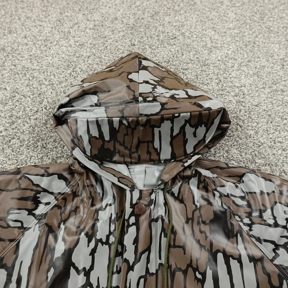 VTG Trebark Camo Jacket Mens M Vinyl Hood  Windbreaker Rain Coat Hunting 80s 90s